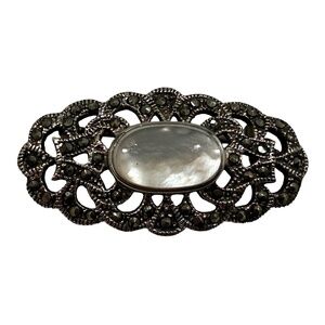 Vintage Sterling Silver .925 Marcasite Moonstone Cabochon Center Oval Brooch